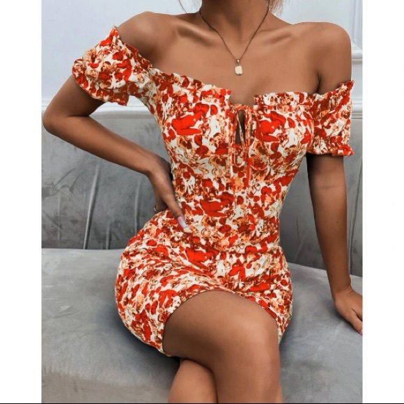 Boho green Floral Print Off Shoulder Bodycon Dress - Picture 4 of 16